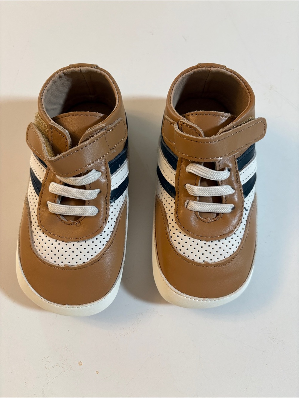 Toddler Brown and White Leather-Look Sneakers with Navy Stripes